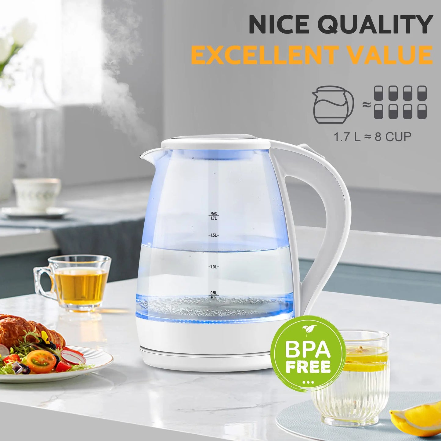 Electric Tea Kettle -1.7L Glass Kettle with LED Indicator