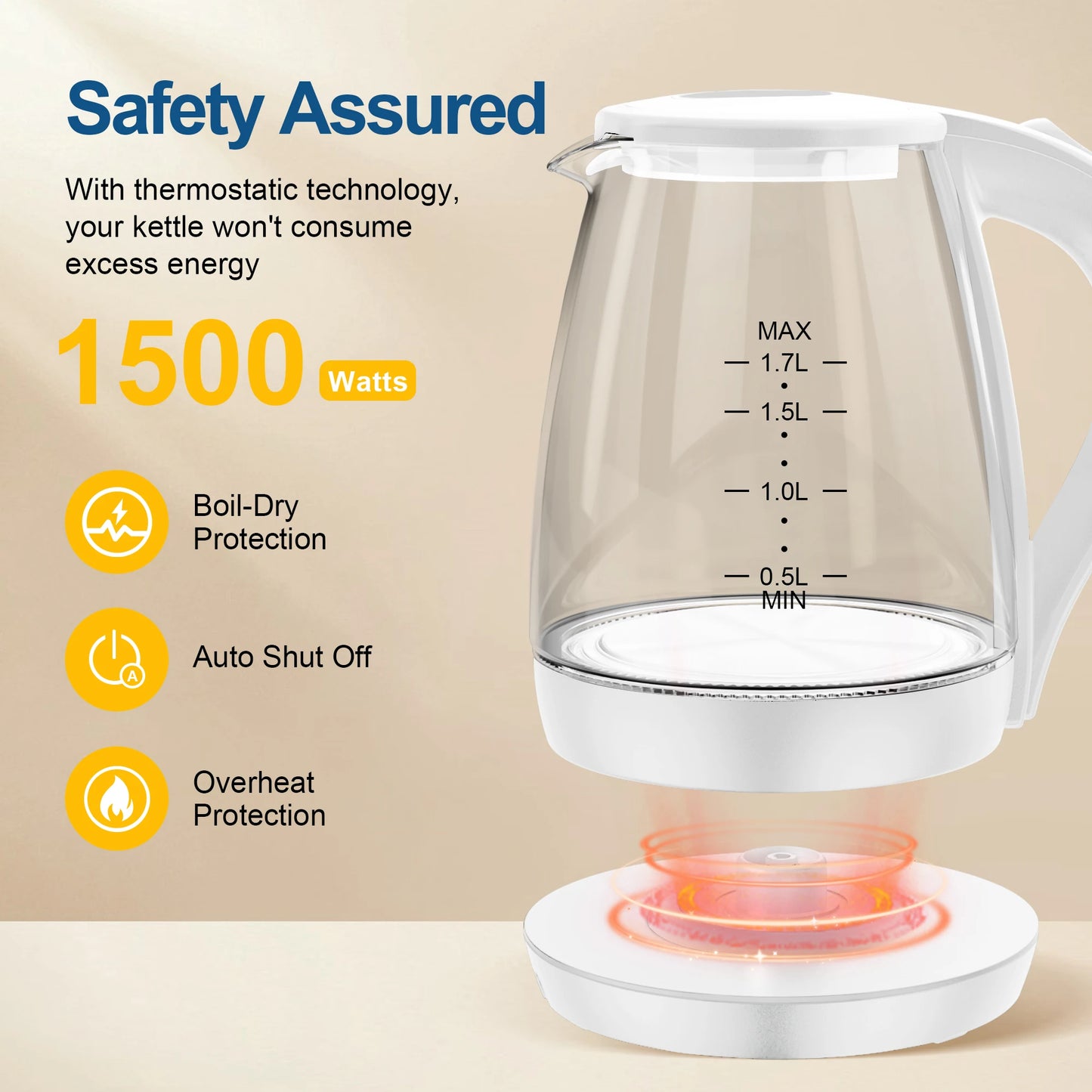 Electric Tea Kettle -1.7L Glass Kettle with LED Indicator