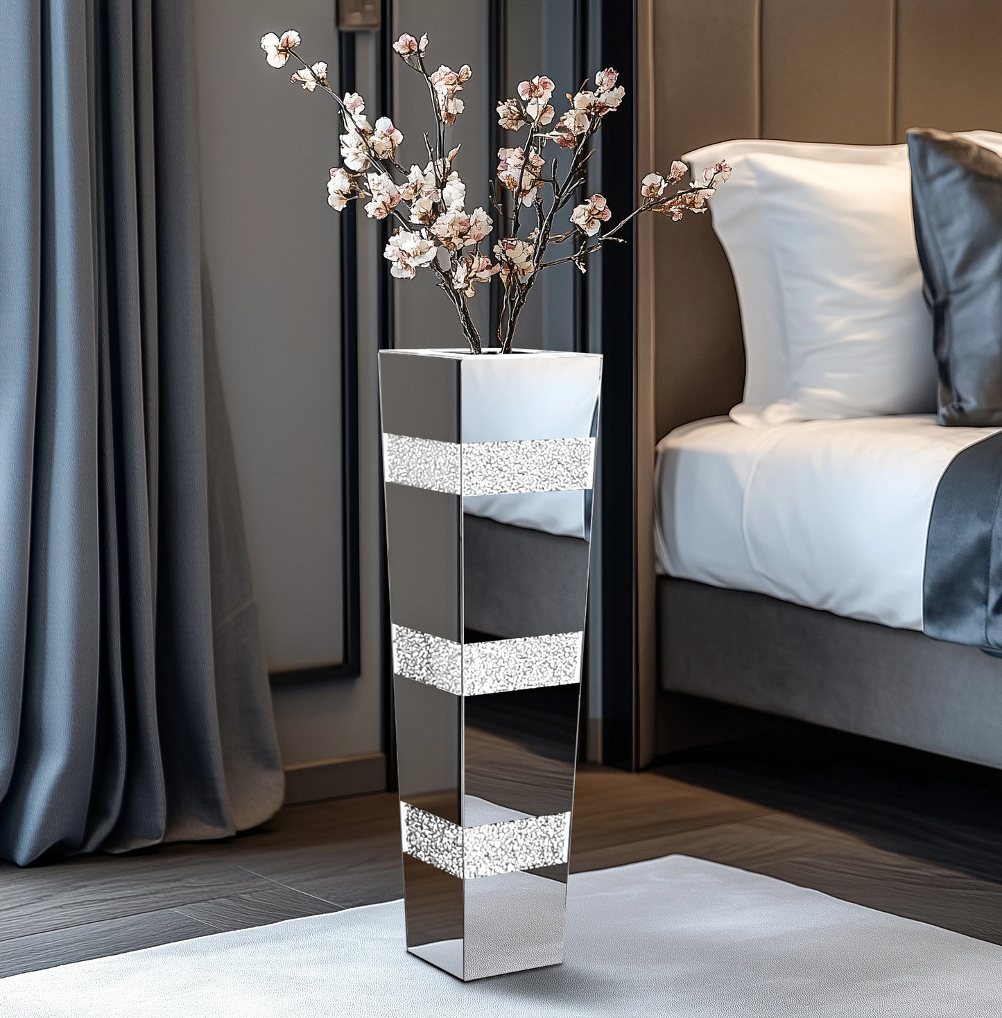 Tall Floor Mirror Vase, Large Crushed Diamond Glass