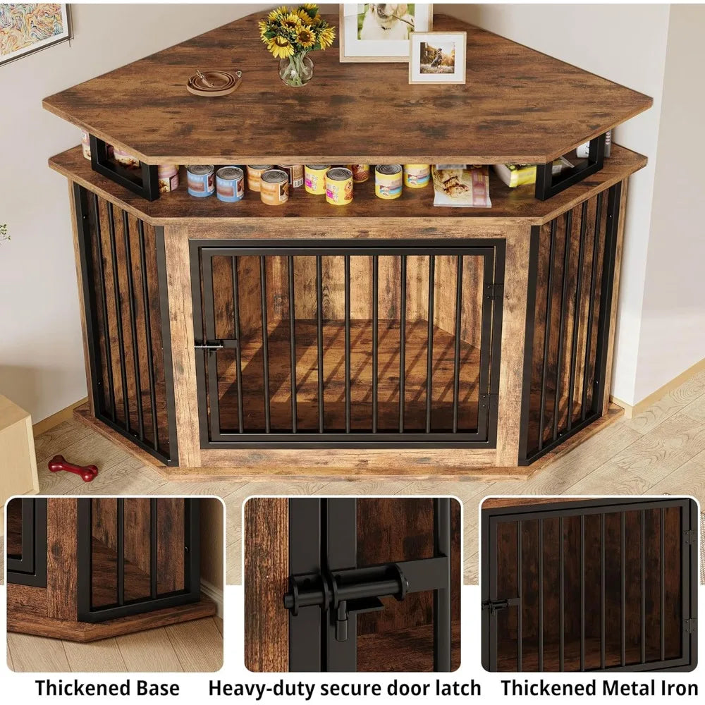 Corner Wooden Dog Crate with 2-Tier Shelves