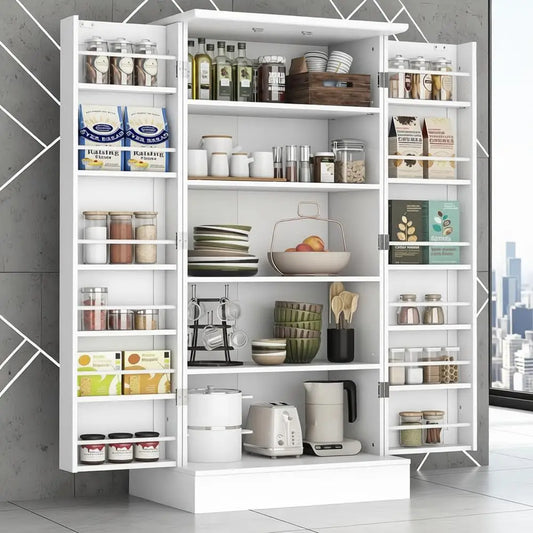 White Freestanding Kitchen Pantry Cabinet with Doors/Adjustable Shelves