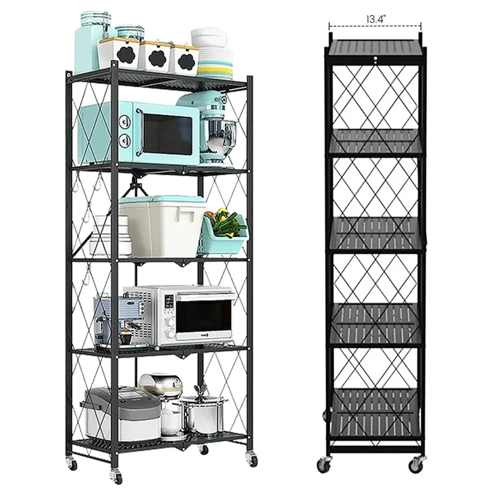 Heavy Duty Fold-able Metal Shelf Unit, 5-Tier, Lockable Wheels