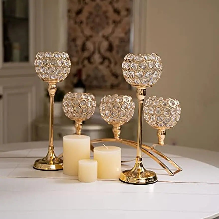 Gold Candle Holders,Tealight Candlestick, 3-Arm Candelabra Stand