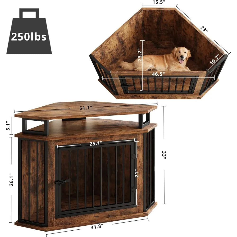Corner Wooden Dog Crate with 2-Tier Shelves