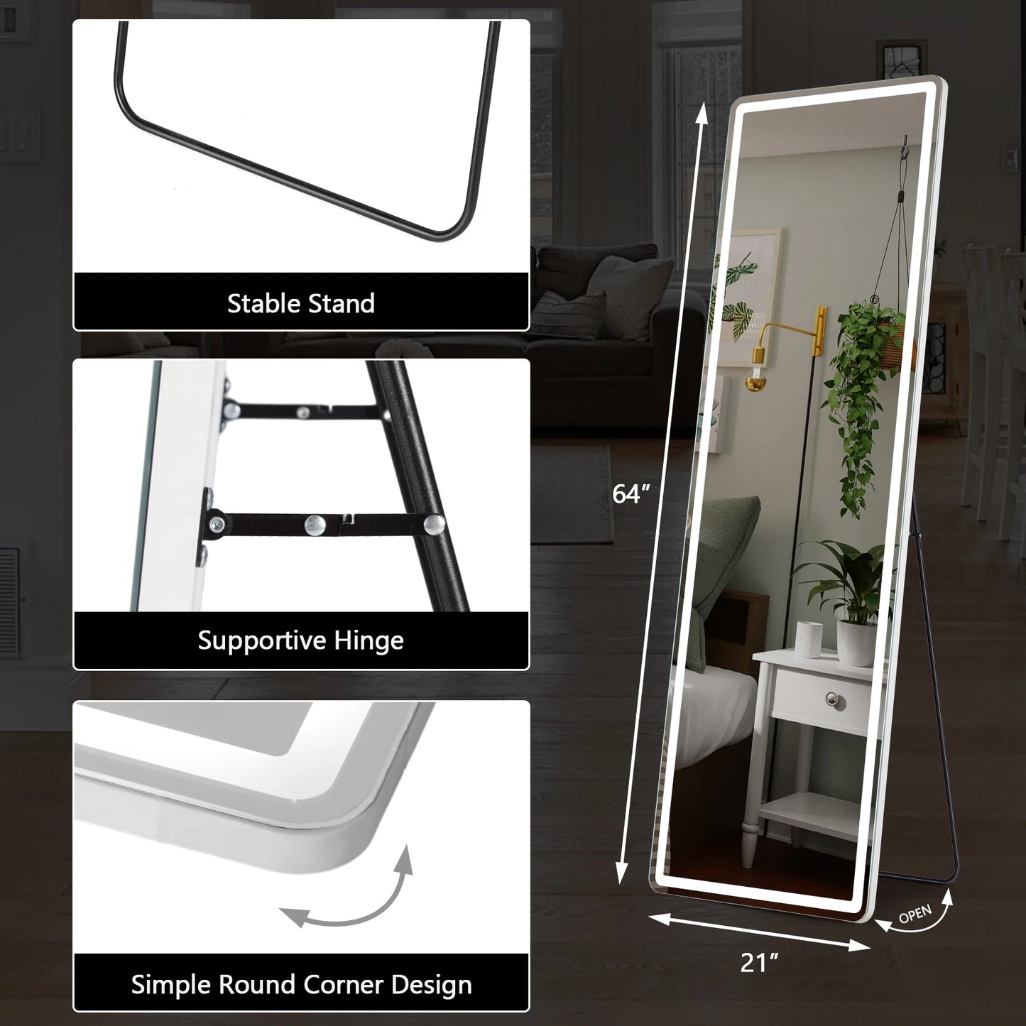 Led 64"x21" Full Length Mirror with Stand