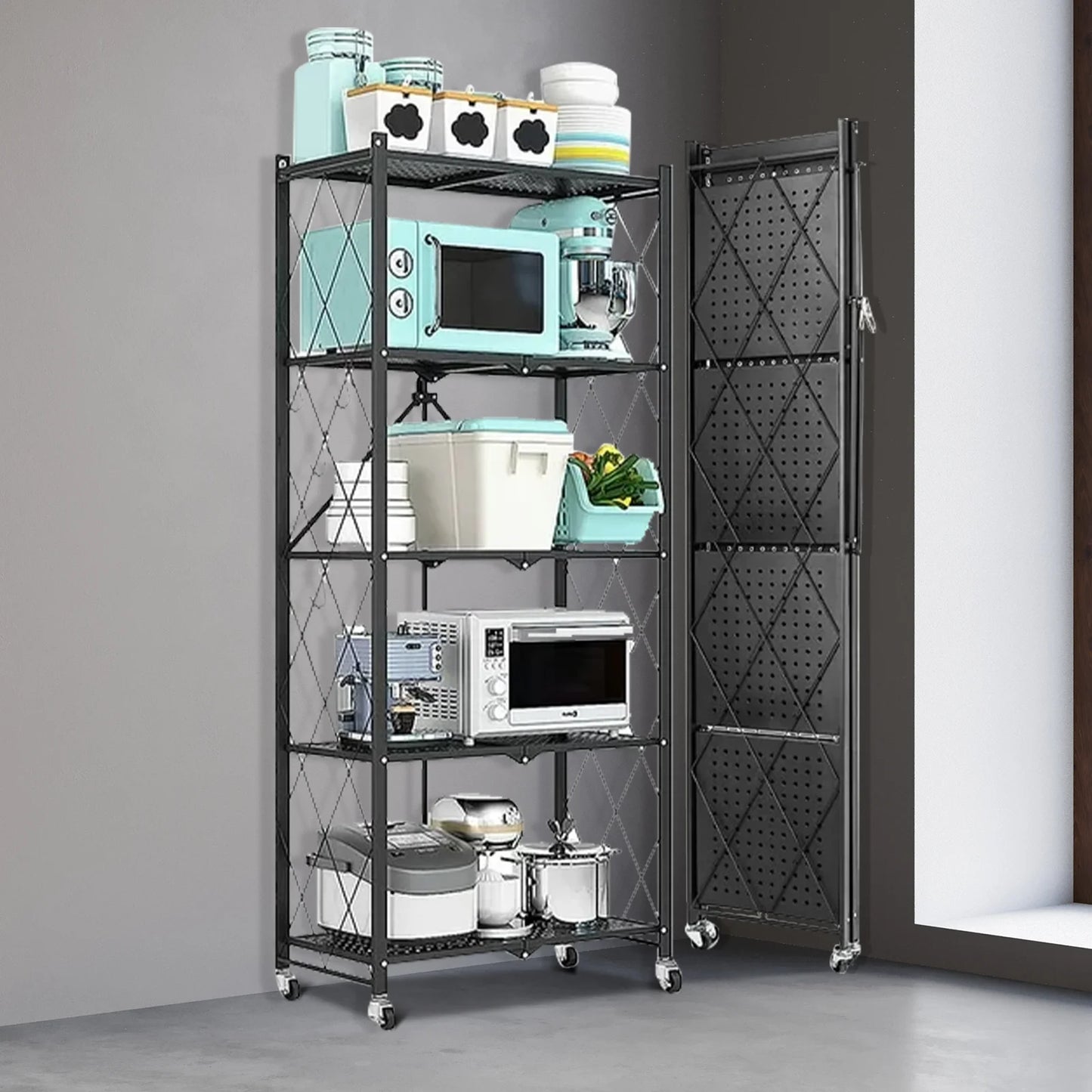 Heavy Duty Fold-able Metal Shelf Unit, 5-Tier, Lockable Wheels