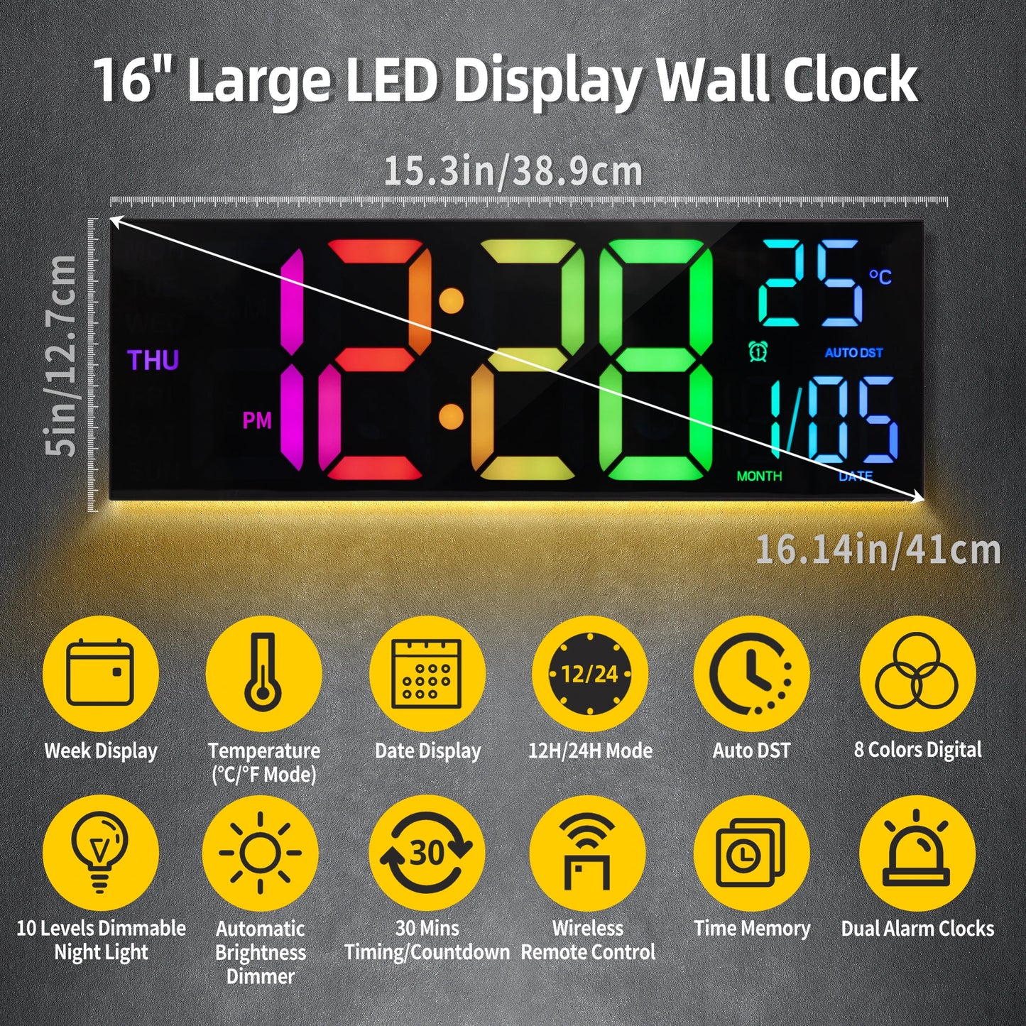 16" Large Digital Wall Clock, Big LED Display with Remote, Alarm, DST