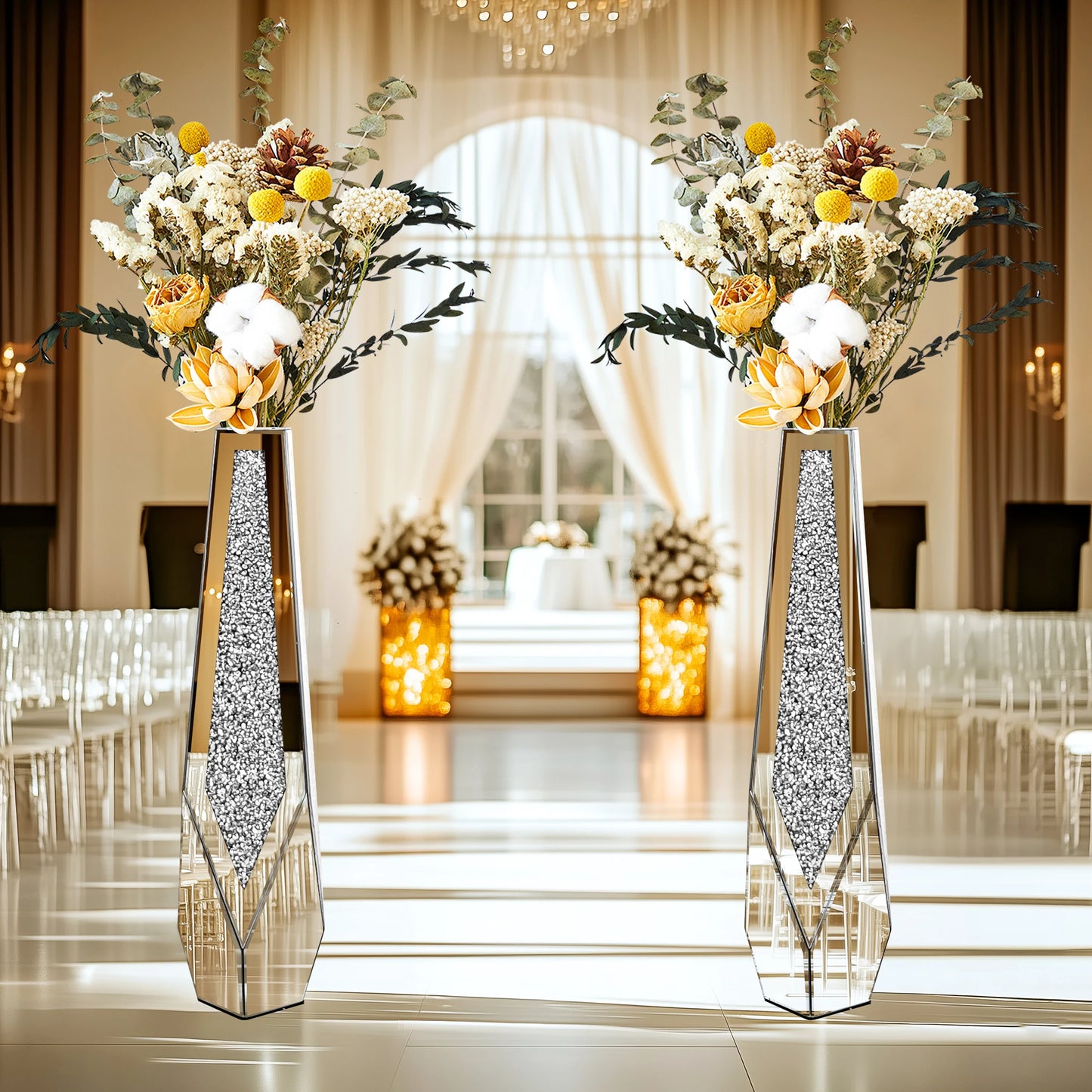 Tall Floor Mirror Vase, Large Crushed Diamond Glass