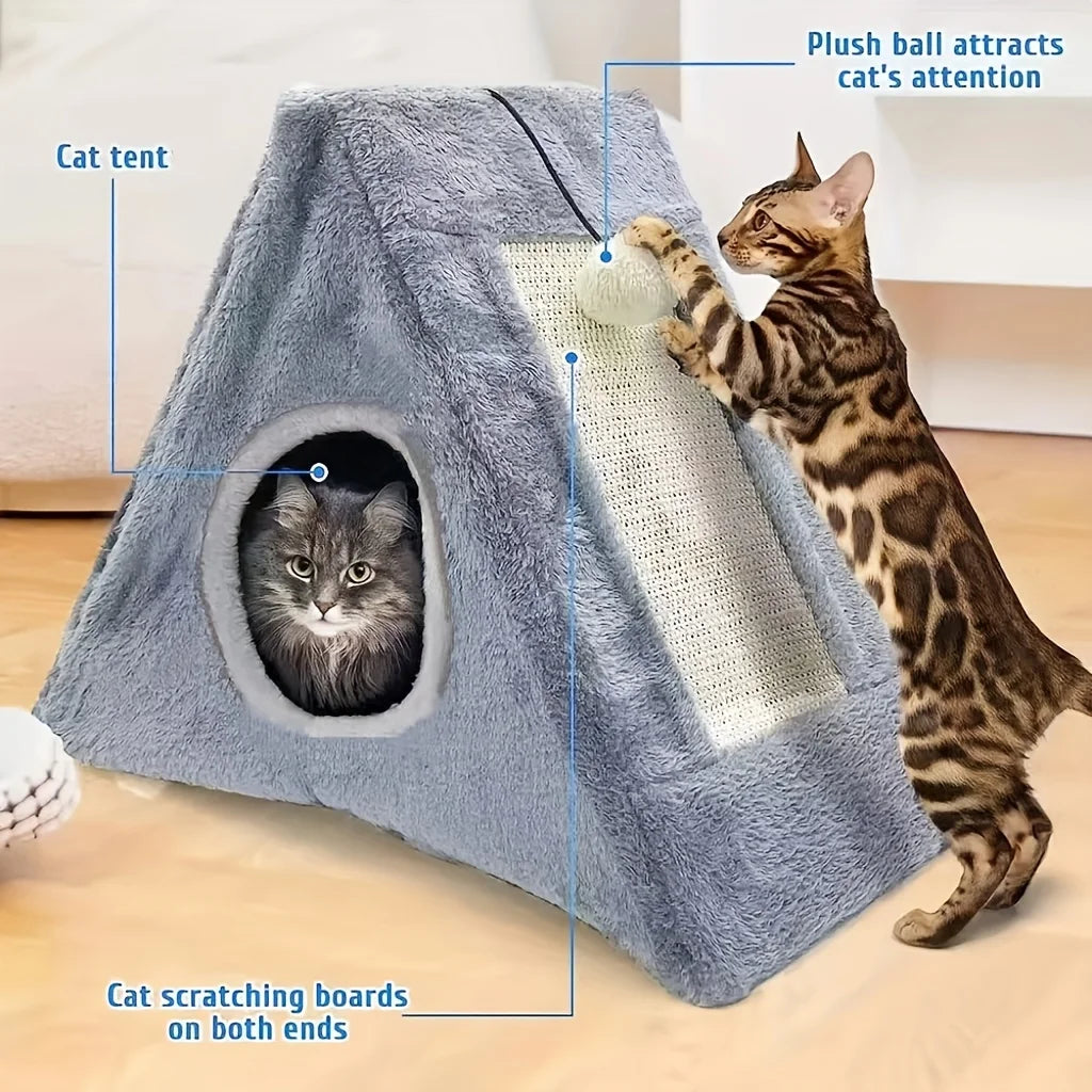 Cat bed with plush toy ball and scratching board