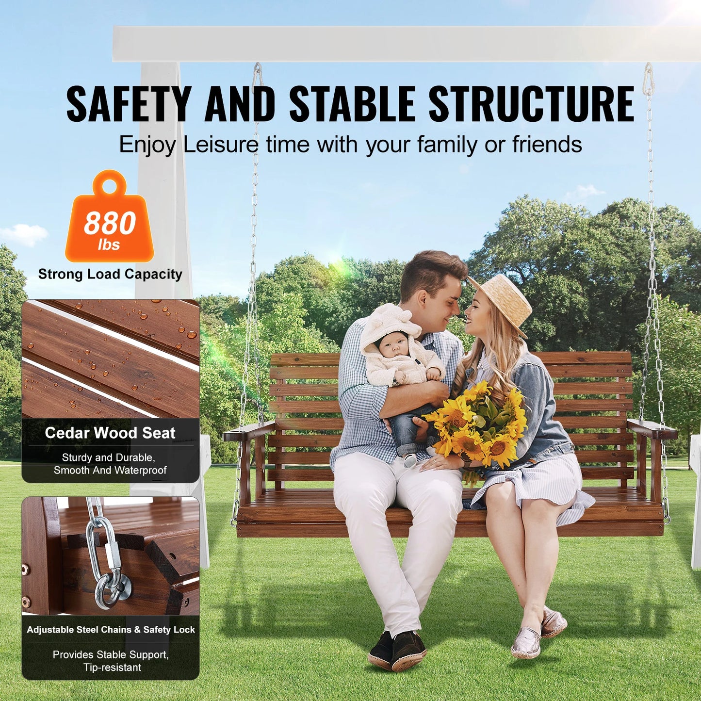 Wooden Porch Swing 4-5.5 ft Upgraded 880 lbs Load Capacity