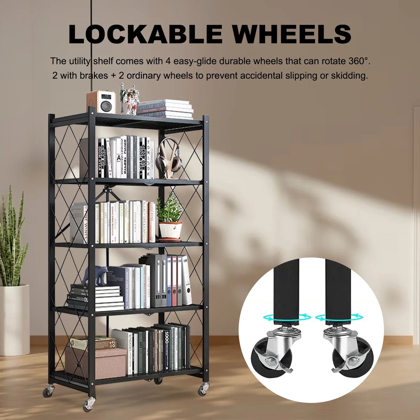 Heavy Duty Fold-able Metal Shelf Unit, 5-Tier, Lockable Wheels
