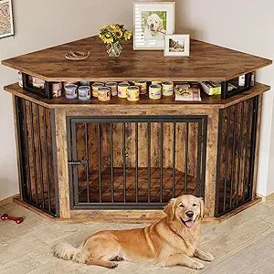 Corner Wooden Dog Crate with 2-Tier Shelves