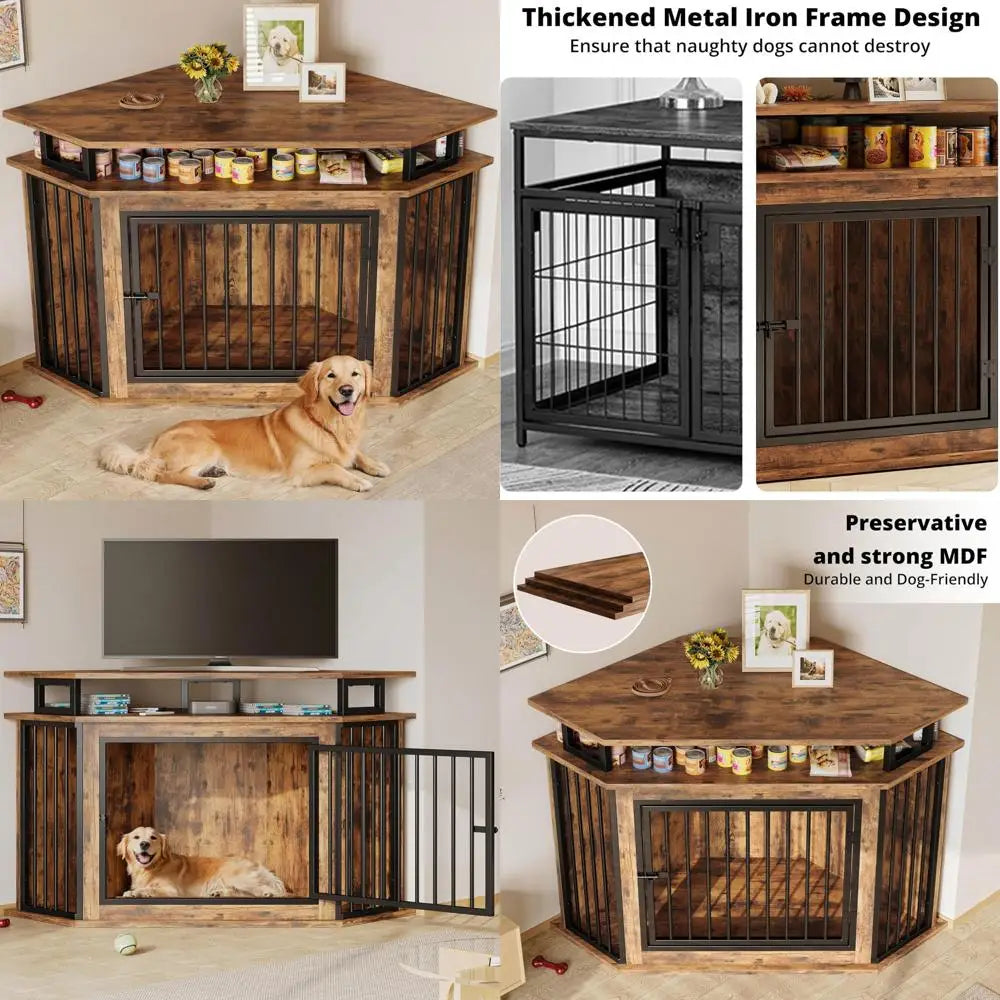 Corner Wooden Dog Crate with 2-Tier Shelves