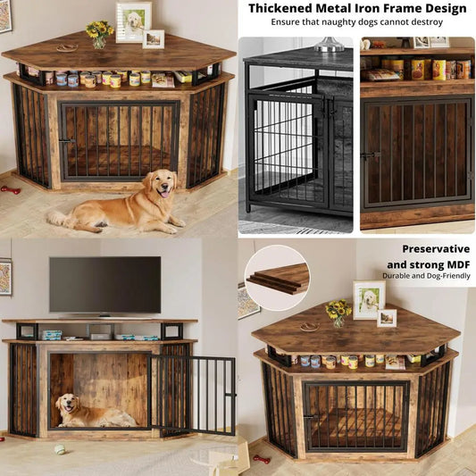 Corner Wooden Dog Crate with 2-Tier Shelves