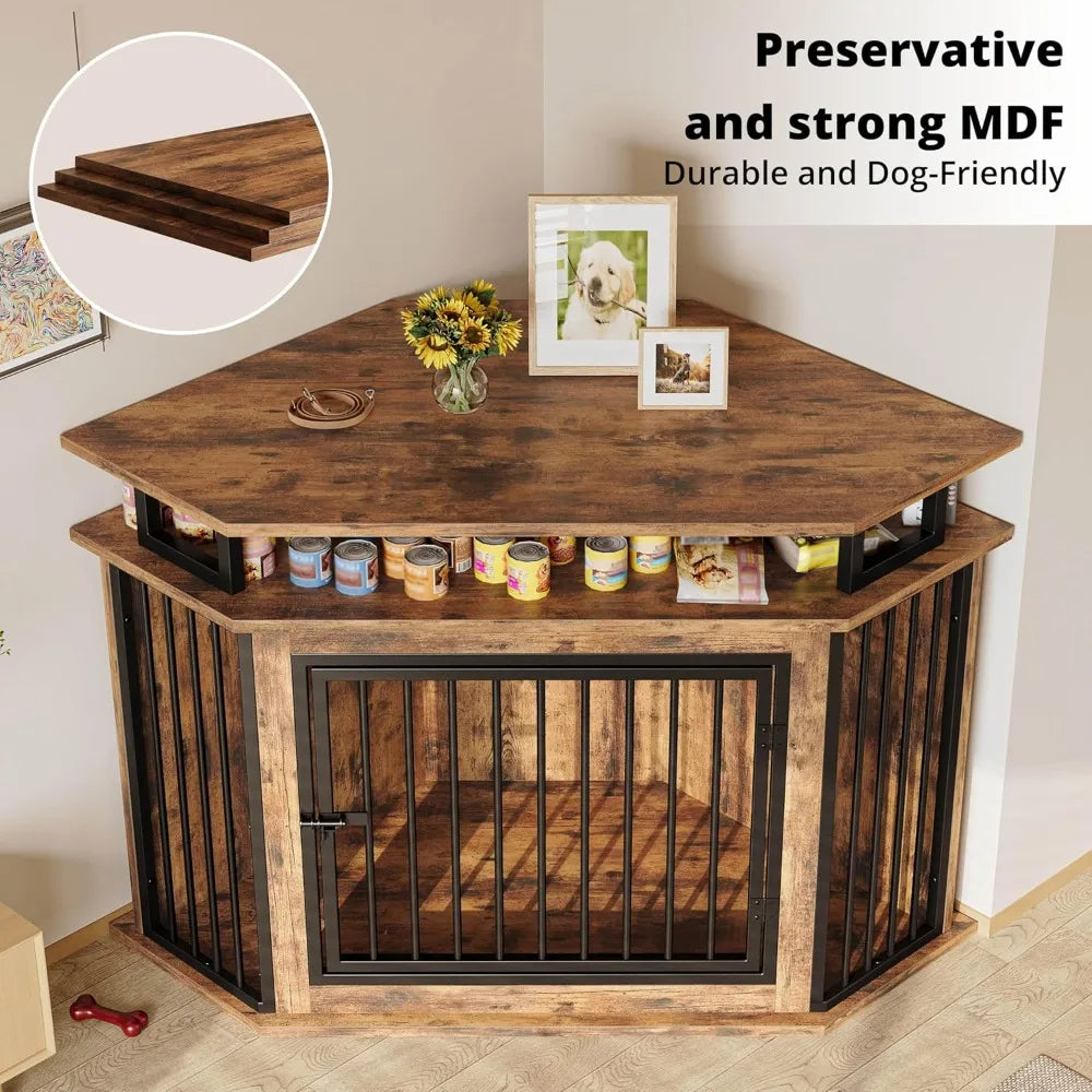 Corner Wooden Dog Crate with 2-Tier Shelves
