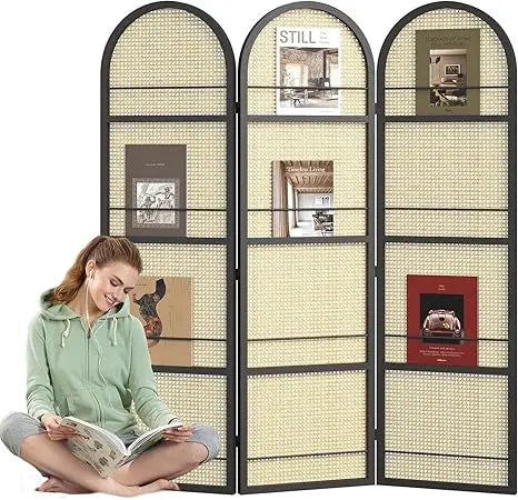 Room Divider, 5.6 Ft Double Hinged Rattan Partition