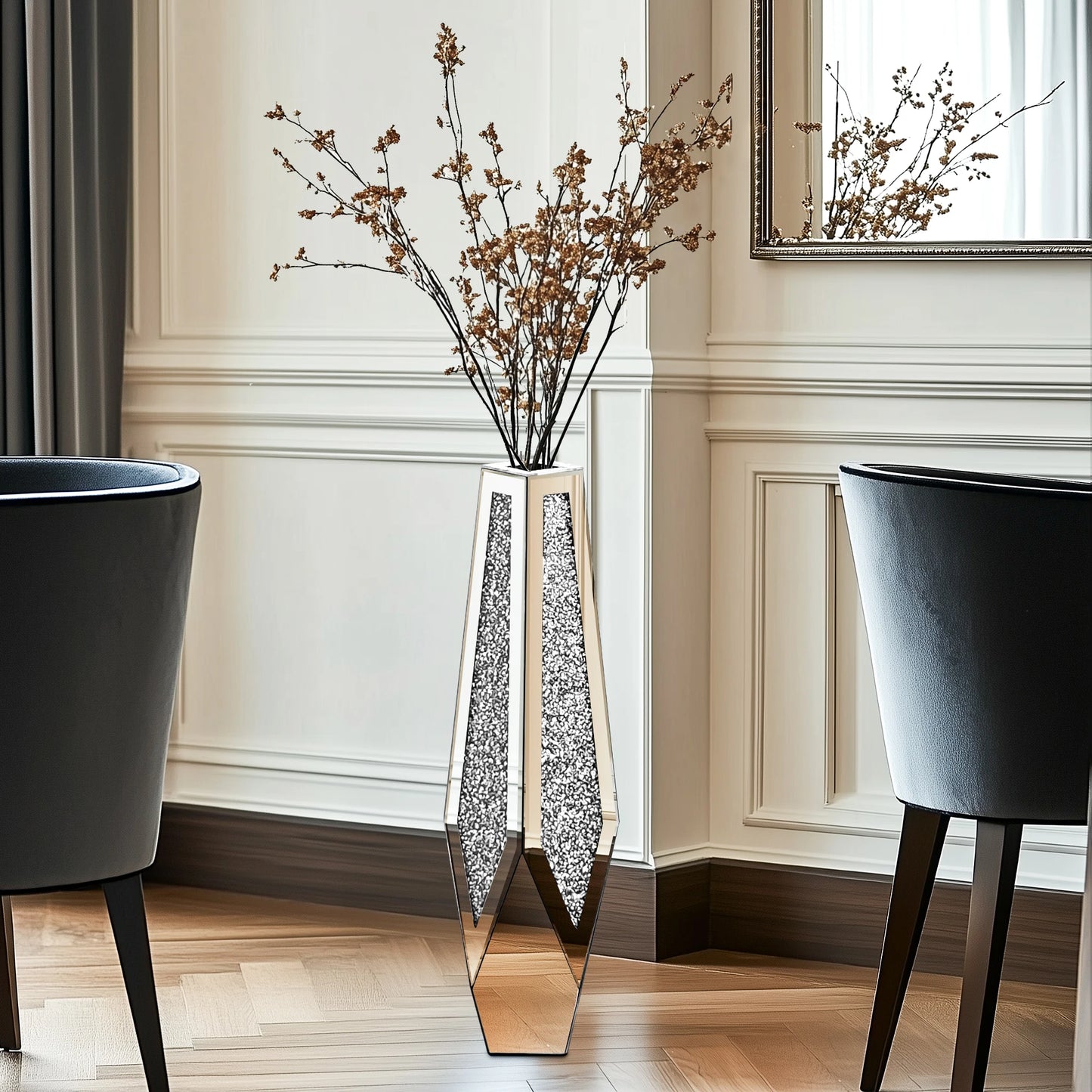 Tall Floor Mirror Vase, Large Crushed Diamond Glass