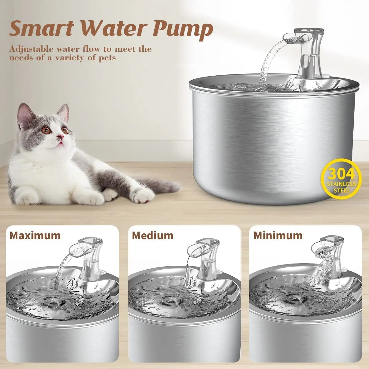 stainless steel water fountain, optional sensor  and heater
