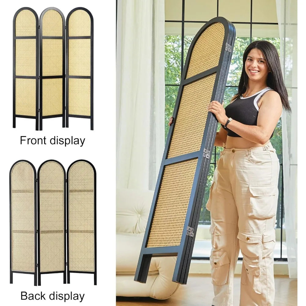 Room Divider, 5.6 Ft Double Hinged Rattan Partition