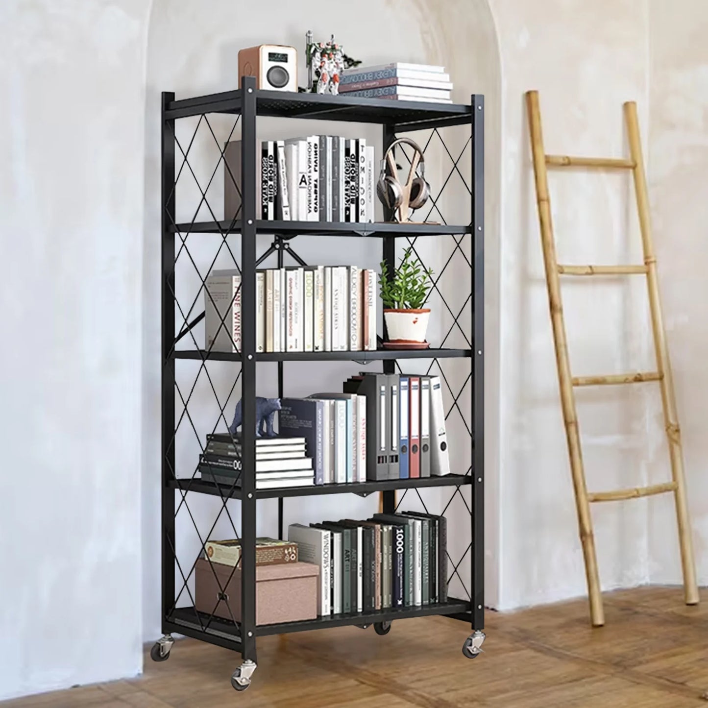 Heavy Duty Fold-able Metal Shelf Unit, 5-Tier, Lockable Wheels
