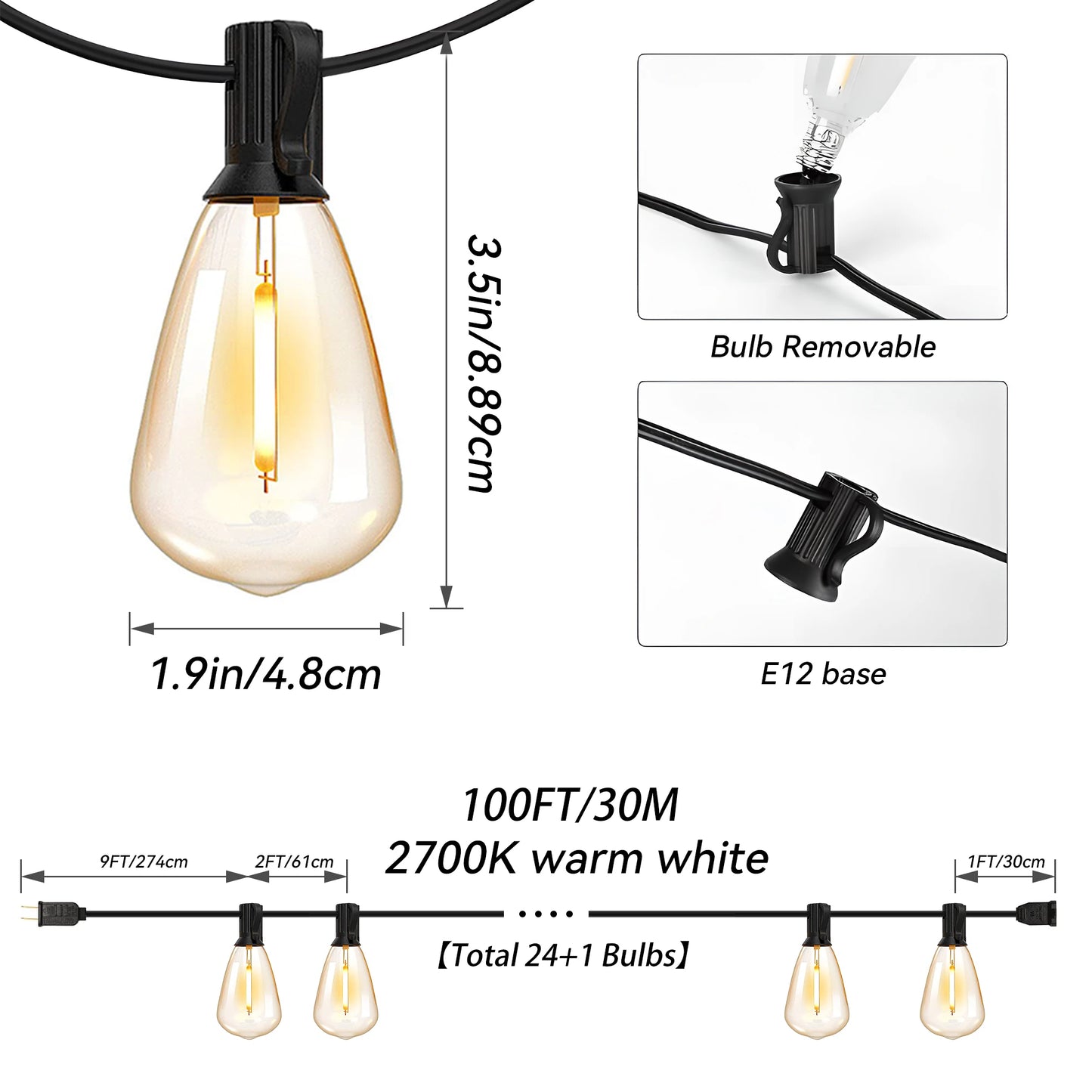 100ft Outdoor String Lights Waterproof, ST38, 24 Vintage Bulbs
