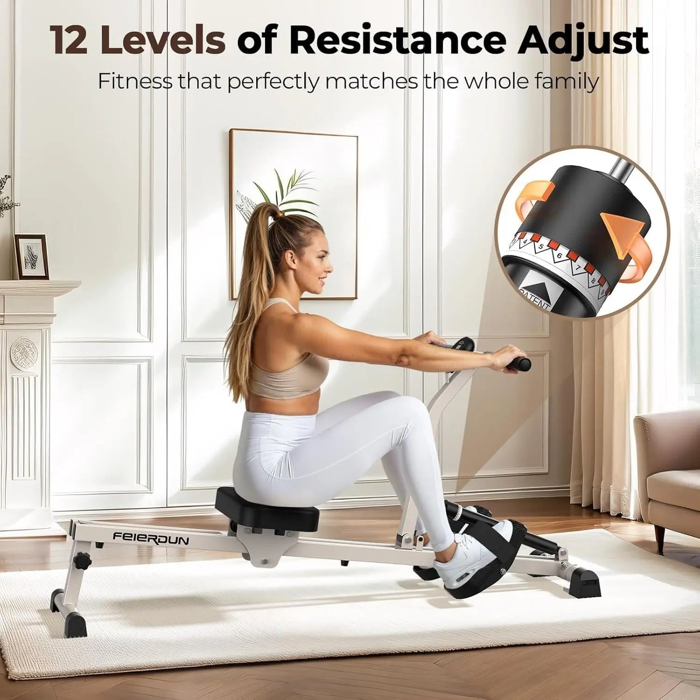 Home Hydraulic Rowing Machine, Compact, Adjustable, 12 Resistance Levels