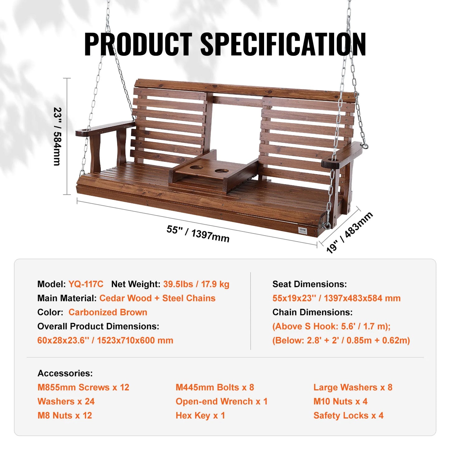Wooden Porch Swing 4-5.5 ft Upgraded 880 lbs Load Capacity