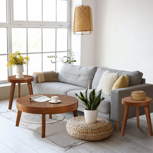 Round Coffee Table Set of 3, Wood Finish