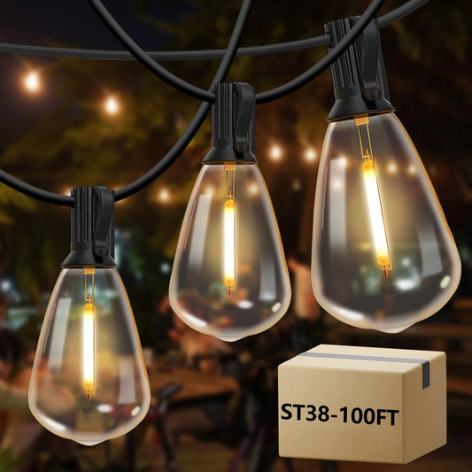 100ft Outdoor String Lights Waterproof, ST38, 24 Vintage Bulbs
