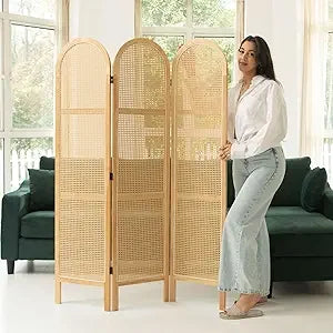 Room Divider, 5.6 Ft Double Hinged Rattan Partition
