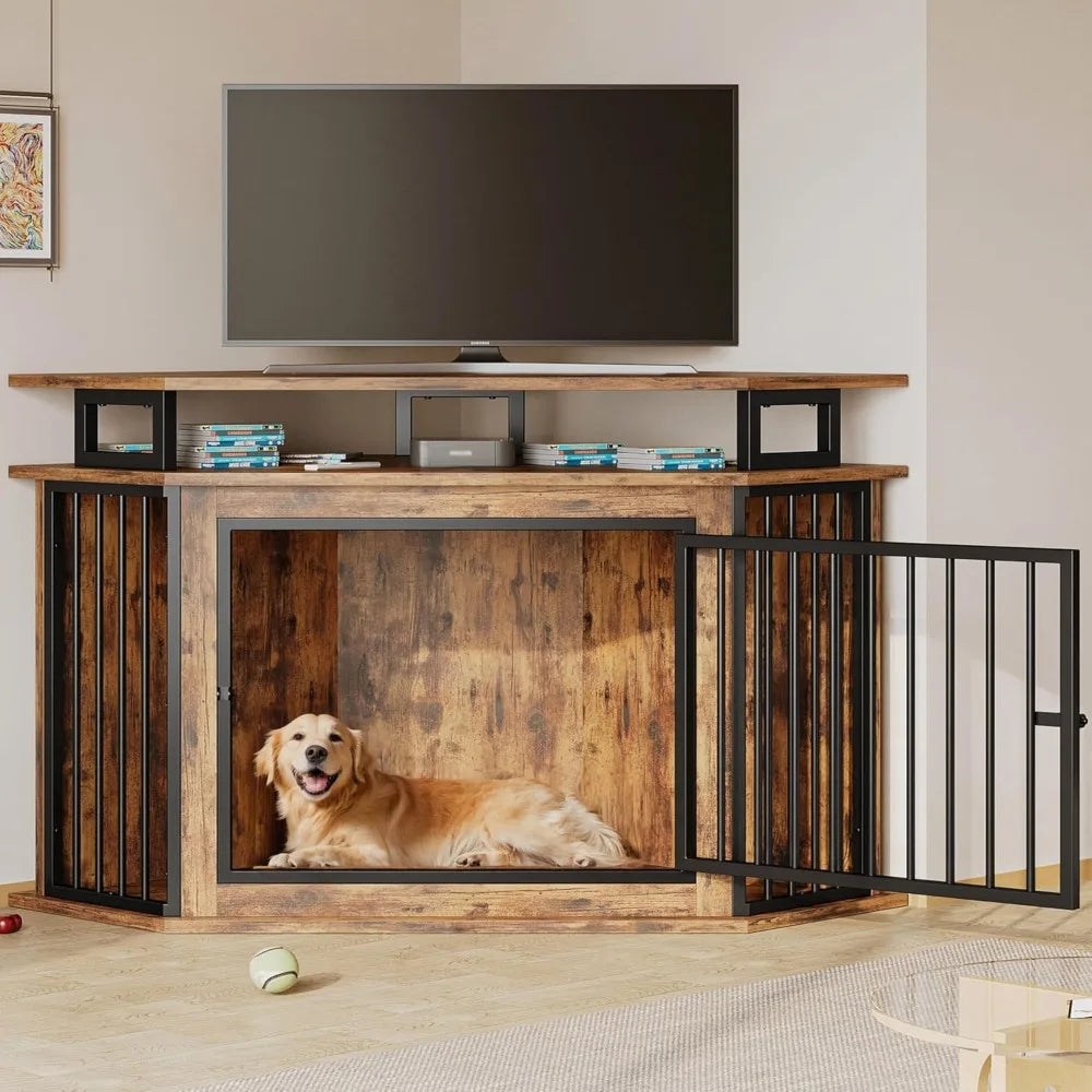 Corner Wooden Dog Crate with 2-Tier Shelves