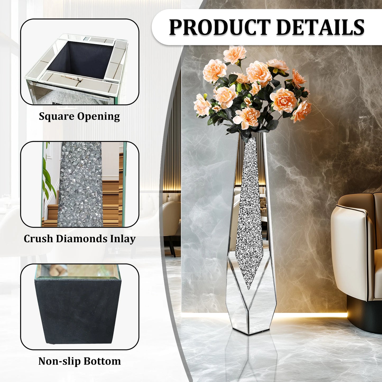 Tall Floor Mirror Vase, Large Crushed Diamond Glass