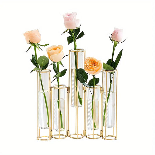 Test Tube Vase, 5 Tubes,  with Gold Metal Stand,