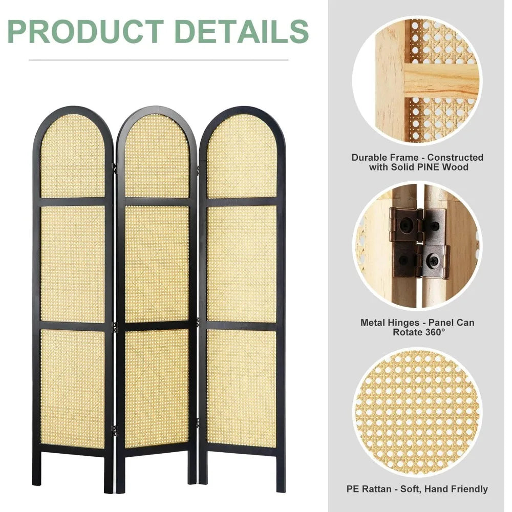 Room Divider, 5.6 Ft Double Hinged Rattan Partition